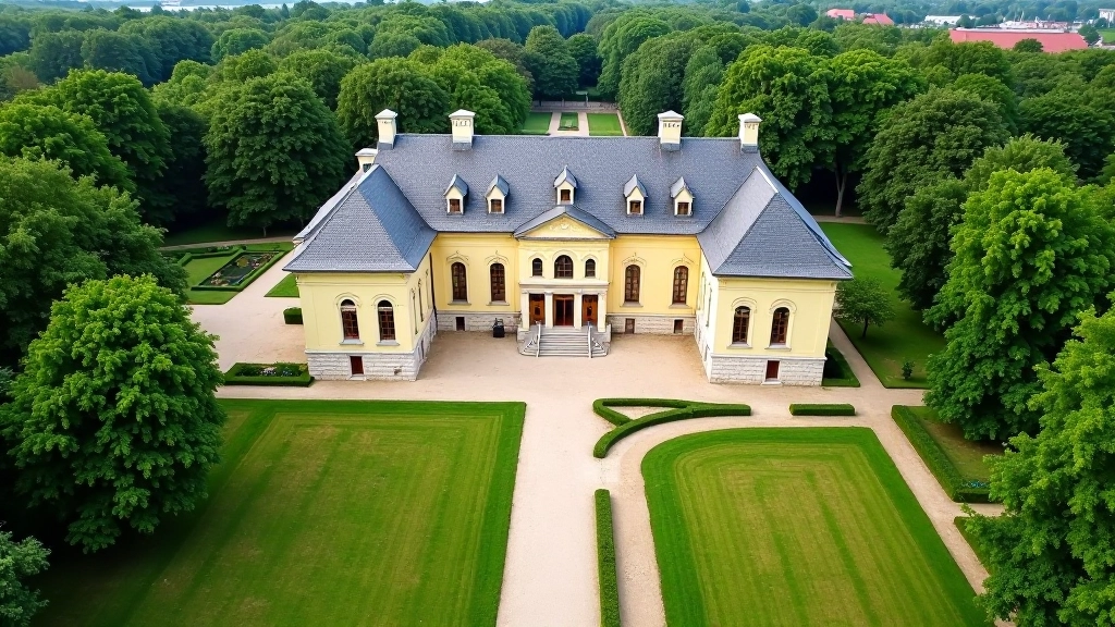 Mežotne Palace Gardens with manicured grounds and historic manor building