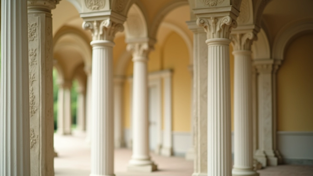 Close-up detail of classical stone columns and ornamental architectural features on manor palace entrance, showing neoclassical design elements and carved details
