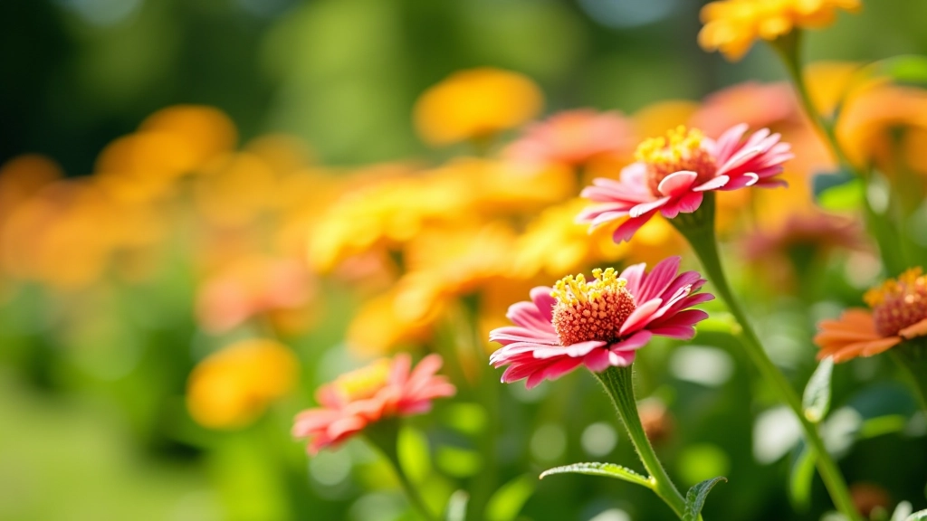Close-up detail of flowering garden bed with colorful blooms and green foliage in bright sunlight, botanical garden setting