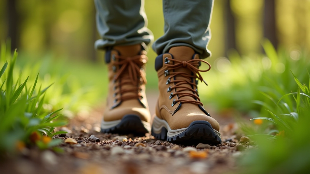 Closeup of comfortable hiking boots on natural outdoor ground with green grass background