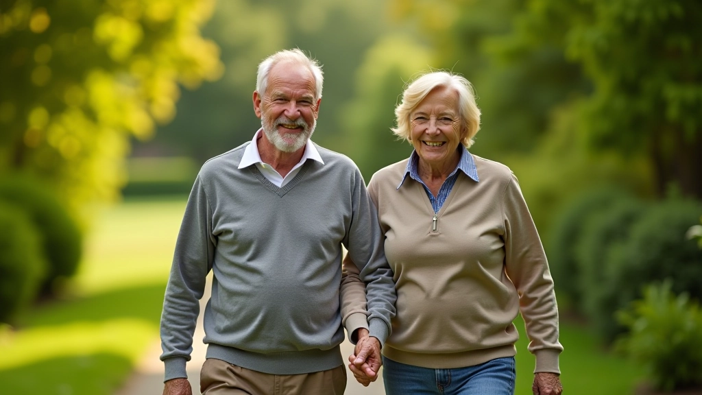 Mature woman and man walking together on garden pathway, both smiling, active lifestyle, outdoor recreation