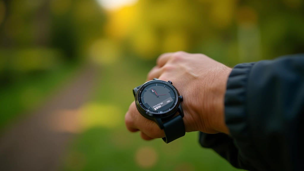 Digital watch showing time and heart rate monitor on wrist during outdoor walk in garden setting