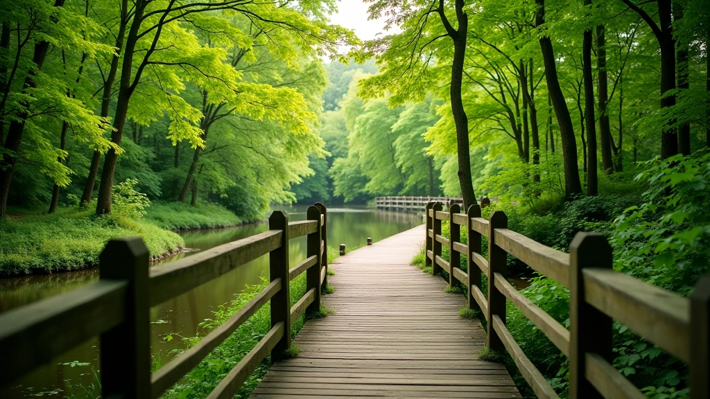 Forest path along Lielupe River with wooden railings and green vegetation framing the walking trail