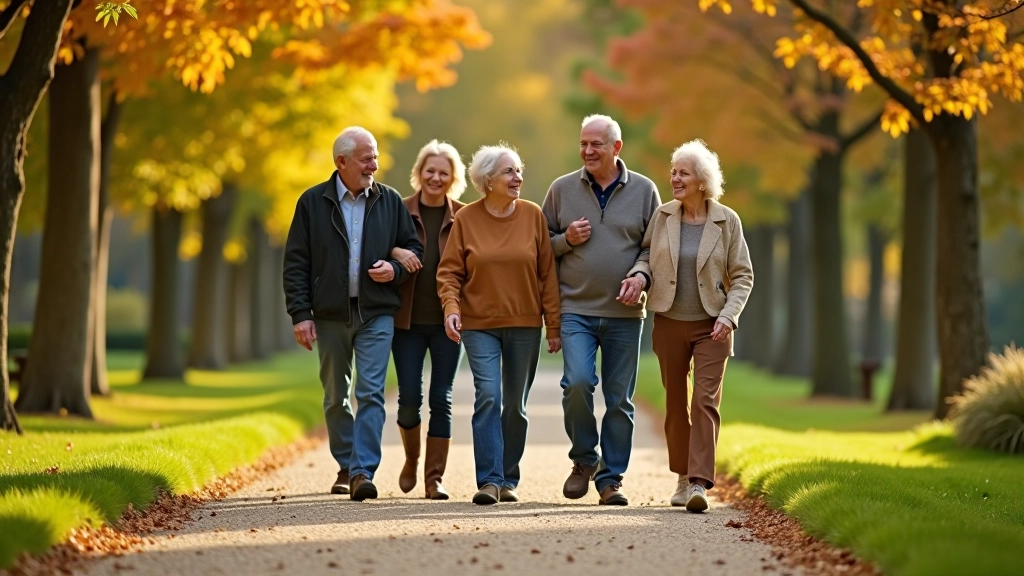 Group of active seniors walking together on a tree-lined path, smiling and engaged