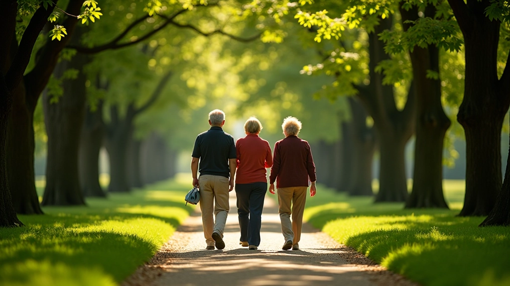 Senior travelers walking through historic gardens