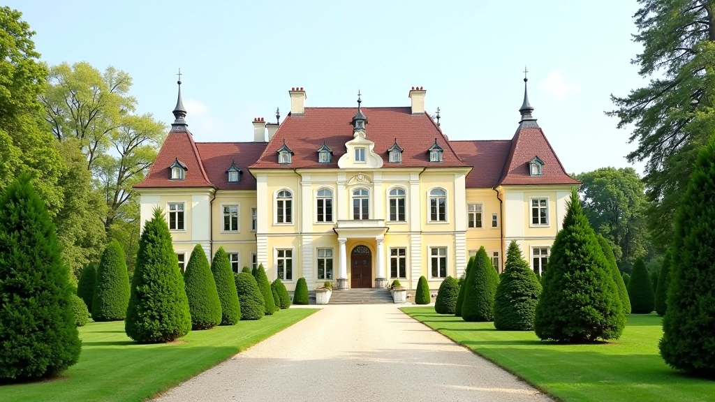 Historic Mežotne manor palace building with architectural details and surrounding grounds