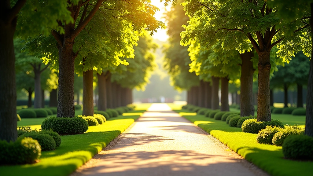 Historic formal garden pathway with symmetrical tree-lined avenue, classical landscape design, stone pathways, and manicured hedges showing 18th century garden principles