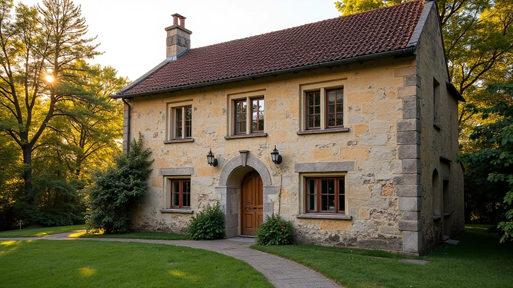Historic stone servant quarters building with small windows and weathered facade, showing 18th century construction methods and architectural style