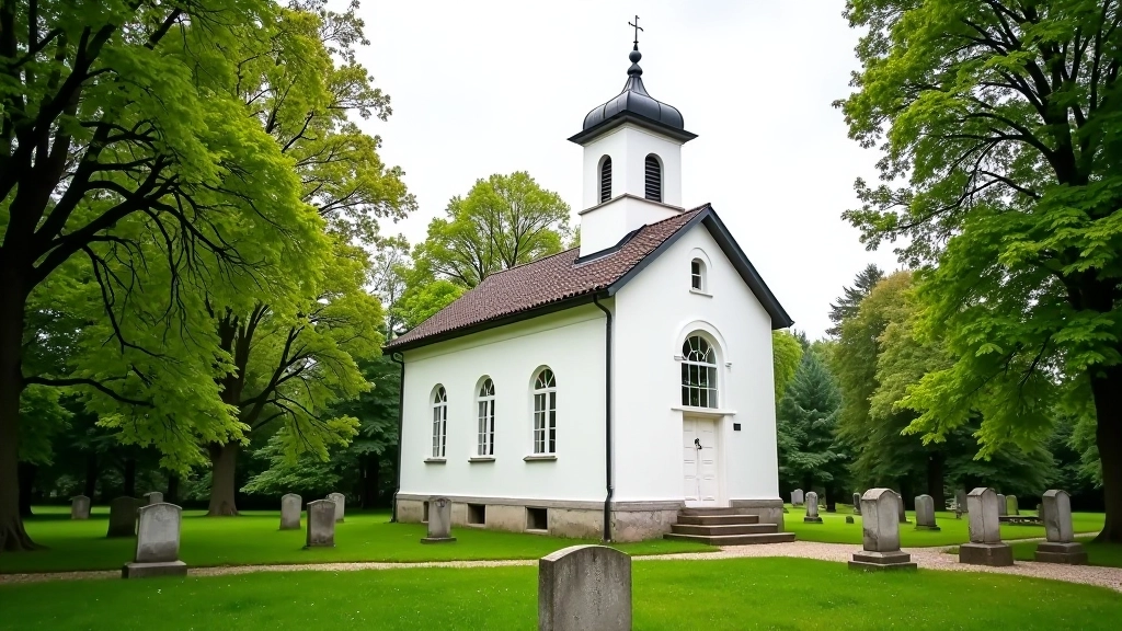 Historic chapel building with traditional Latvian architecture, white walls, small cupola, and cemetery gravestones visible, showing religious architectural heritage
