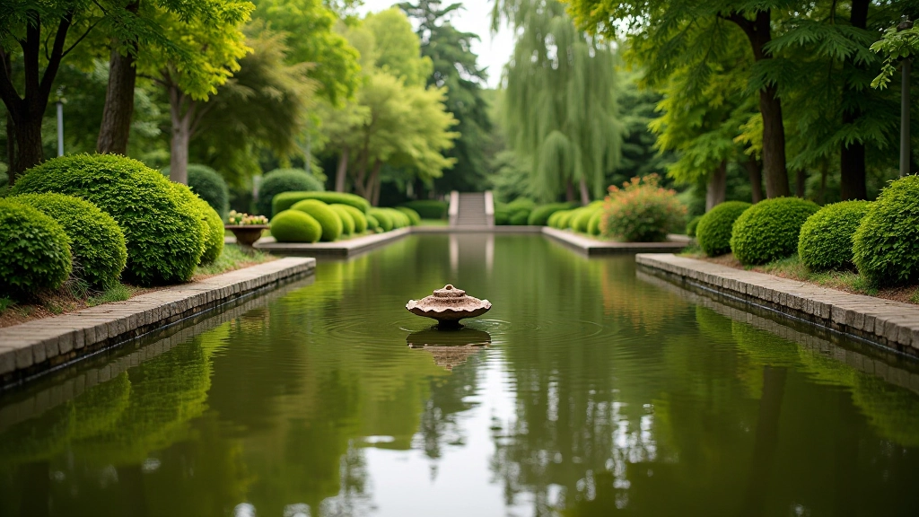 Scenic garden water feature or pond with reflection and surrounding landscape, peaceful park setting with trees