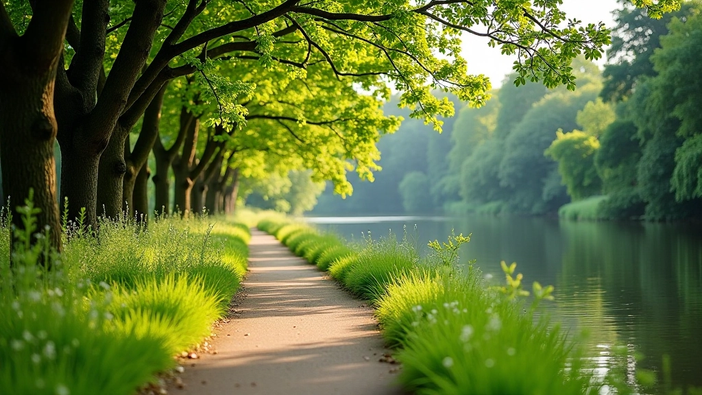 Scenic riverside walking path with water views and natural vegetation along the Lielupe River