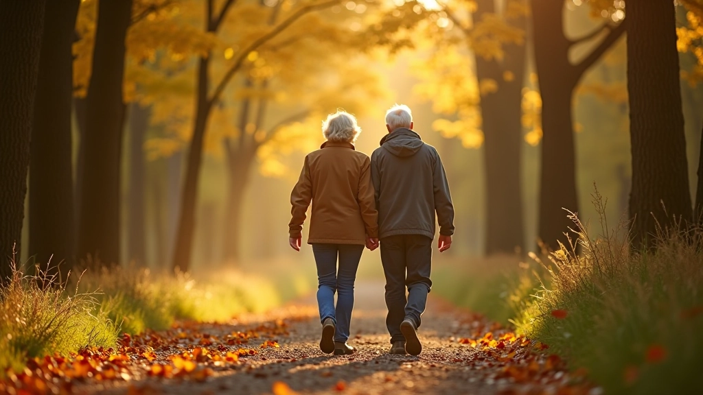 Active seniors enjoying a leisurely walk through a scenic park pathway