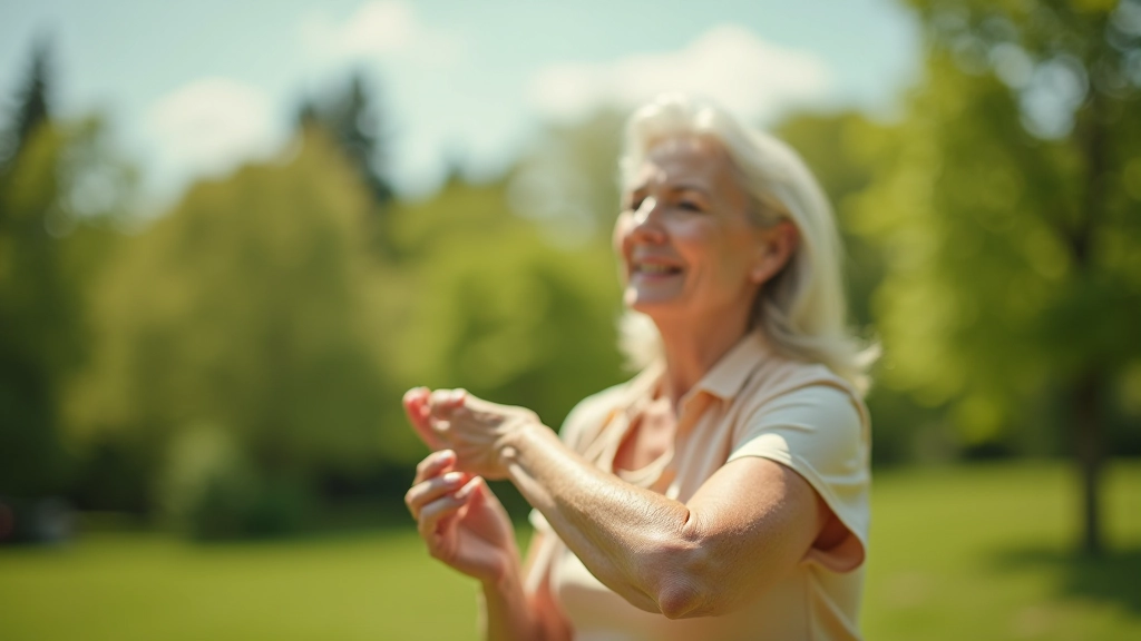 Senior woman applying sunscreen to her arm outdoors in natural park setting with trees and sky