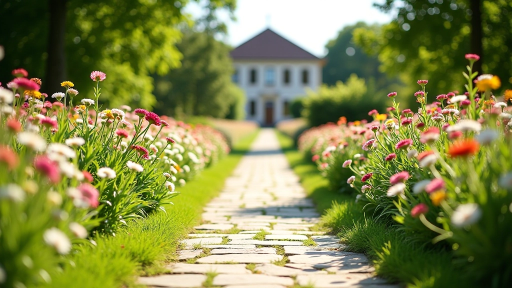 Peaceful garden pathway with flowering plants and stone walkway through Mežotne manor grounds