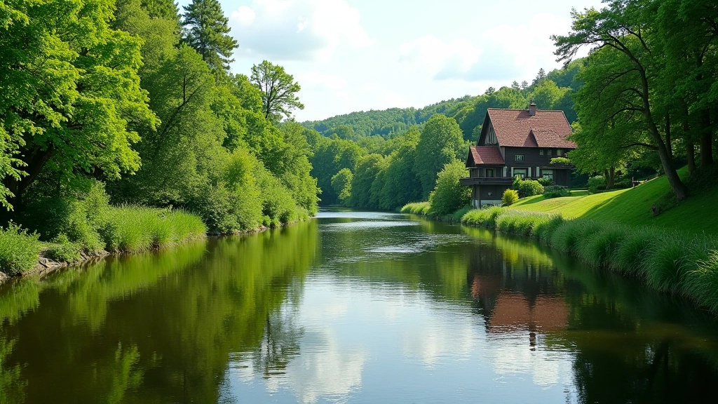 Scenic Lielupe River valley with tree-lined banks and traditional wooden buildings