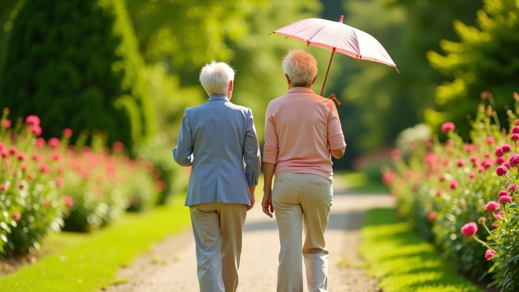 Two mature adults walking on garden path, active lifestyle, outdoor recreation for seniors