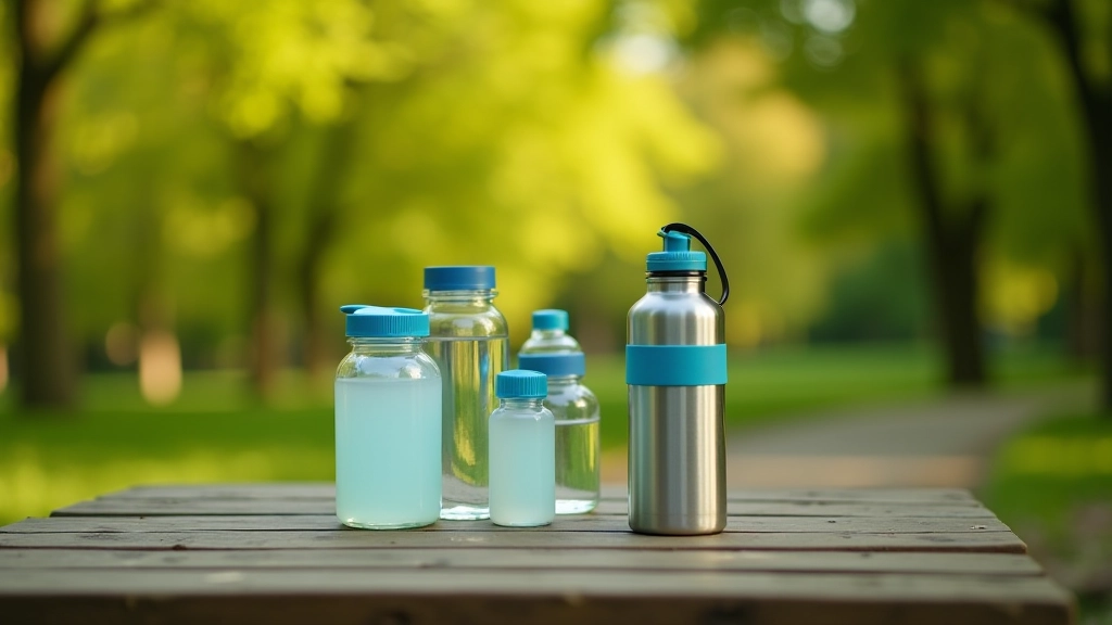 Water bottles and hydration supplies on picnic table in outdoor park setting with trees in background