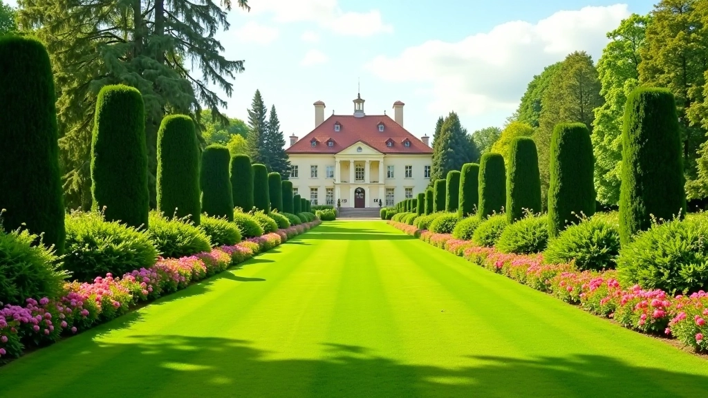 Wide garden vista with manicured lawn, flowering borders, and historic manor building in the distance under blue sky