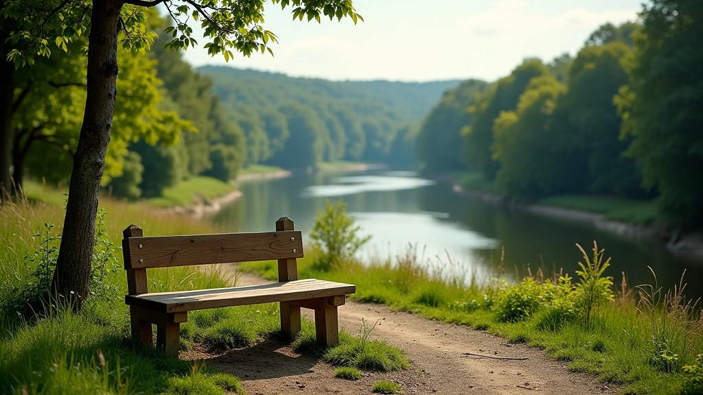 Wooden rest bench positioned overlooking river valley with scenic water and forest background